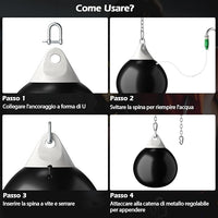 Sacco da Boxe ad Acqua da 51,5 cm, Sacco Anti-Perdite con Tubo di Riempimento d'Acqua, Catena in Metallo, Gancio e Croce, Sacco per Allenamento per Adulti e Bambini