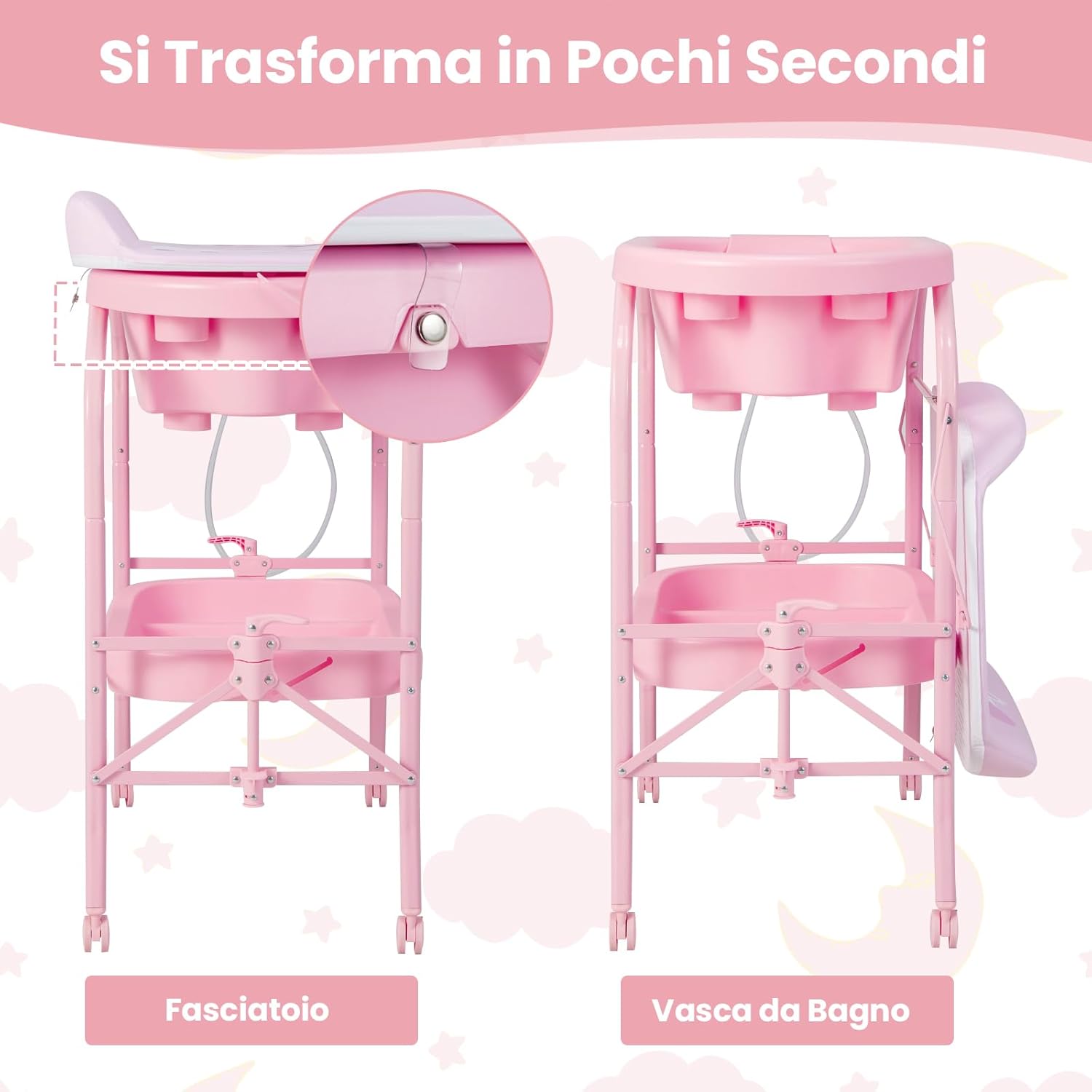 Fasciatoio con Vaschetta per Bambini, Vasca da Bagno per Neonati, Fasciatoio Pieghevole con Materassino, Cestino Portaoggetti, Ruote con Freno, Portata 35kg+15kg (Rosa)