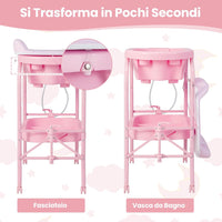 Fasciatoio con Vaschetta per Bambini, Vasca da Bagno per Neonati, Fasciatoio Pieghevole con Materassino, Cestino Portaoggetti, Ruote con Freno, Portata 35kg+15kg (Rosa)