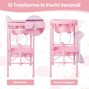 Fasciatoio con Vaschetta per Bambini, Vasca da Bagno per Neonati, Fasciatoio Pieghevole con Materassino, Cestino Portaoggetti, Ruote con Freno, Portata 35kg+15kg (Rosa)