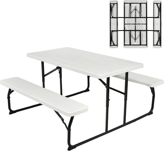 Set di Tavolo Campeggio Pieghevole, 136 x 151 x 73cm, Set di Tavolino e 2 Panca da Campeggio all’Aperto, da 4-6 Posti, per Patio Giardino Bordo Piscina (bianco)