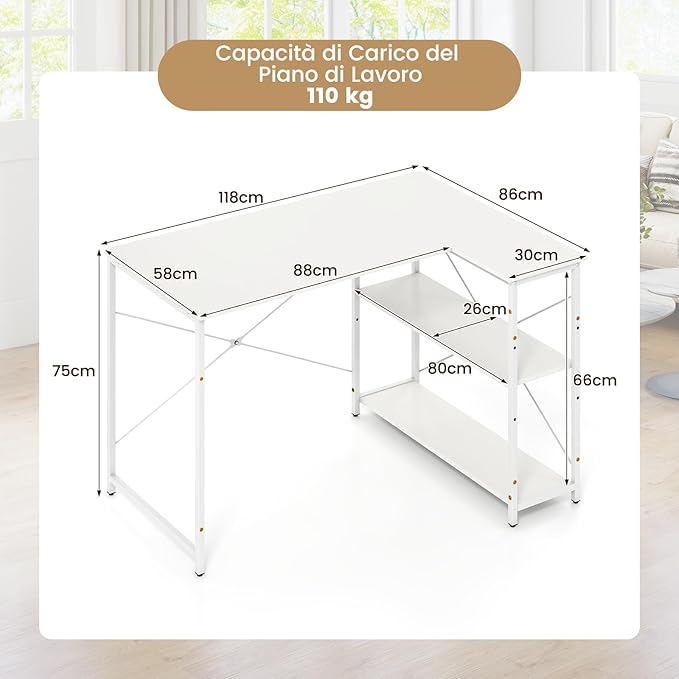 Scrivania Angolare a Forma di L, Scrivania ad Angolo Salvaspazio e Reversibile con Ripiano Regolabile e Struttura in Metallo Resistente, Tavolo per Ufficio e Casa (Bianco)