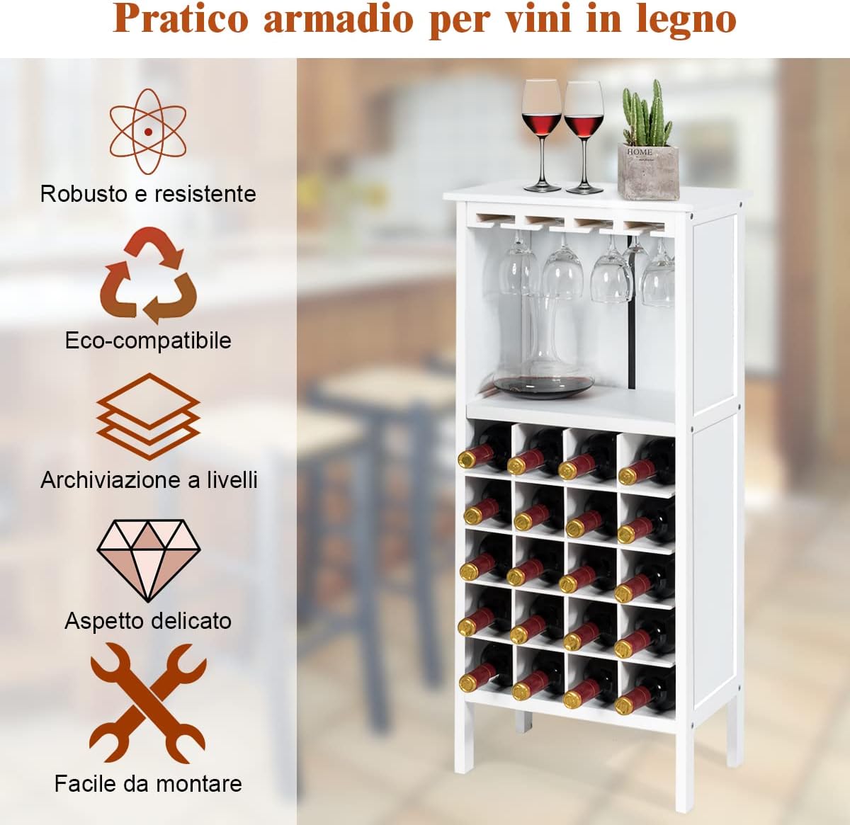 Cantinetta Portabottiglie in Legno, Scaffale per Vino con Portabicchiere/Calici, Portavino per 20 Bottiglie e 4 Calici, 42 x 24.5 x 96 cm (Bianco)