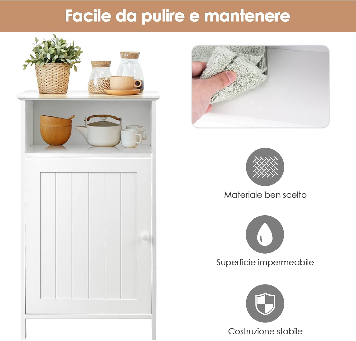 Mobile bagno, Armadietto Multiuso e Salvaspazio con Ante e Mensola Regolabile, Mobiletto in Legno per Soggiorno, Camera da letto e Ufficio, 40 x 30 x 70cm (Bianco)