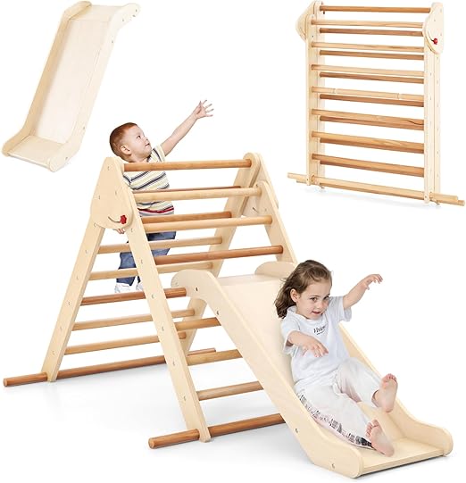 3 in 1 Arrampicata Giocattolo a Triangolo per Bambini, Set di Arrampicata con Rampa di Scivolo a 2 Lati e Inclinazione Regolabile, Arrampicatore per Bambini 1 Anno+ (Stile 2 Naturale)