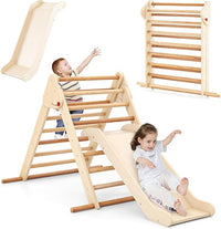 3 in 1 Arrampicata Giocattolo a Triangolo per Bambini, Set di Arrampicata con Rampa di Scivolo a 2 Lati e Inclinazione Regolabile, Arrampicatore per Bambini 1 Anno+ (Stile 2 Naturale)