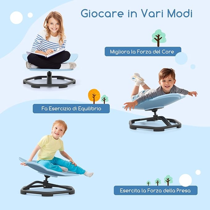 Sedia Girevole a 360° per Bambini, Sedia Sensoriale con Base in Metallo Antiscivolo per Allenare la Coordinazione Fisica e l'Equilibrio, Giocattolo per Cameretta (Blu,Elefante)