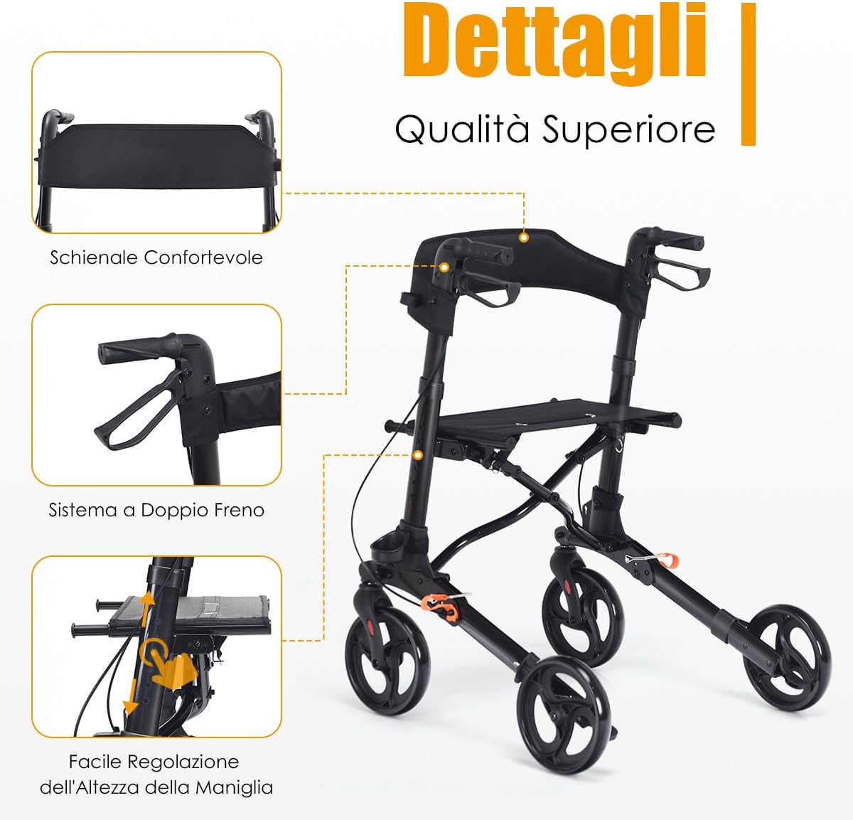 Deambulatore Pieghevole, Deambulatore per Anziani e Disabili a 4 Ruote, Rollator Medico in Alluminio Leggero con Sedile e Borsa, Portata Massima 136 kg