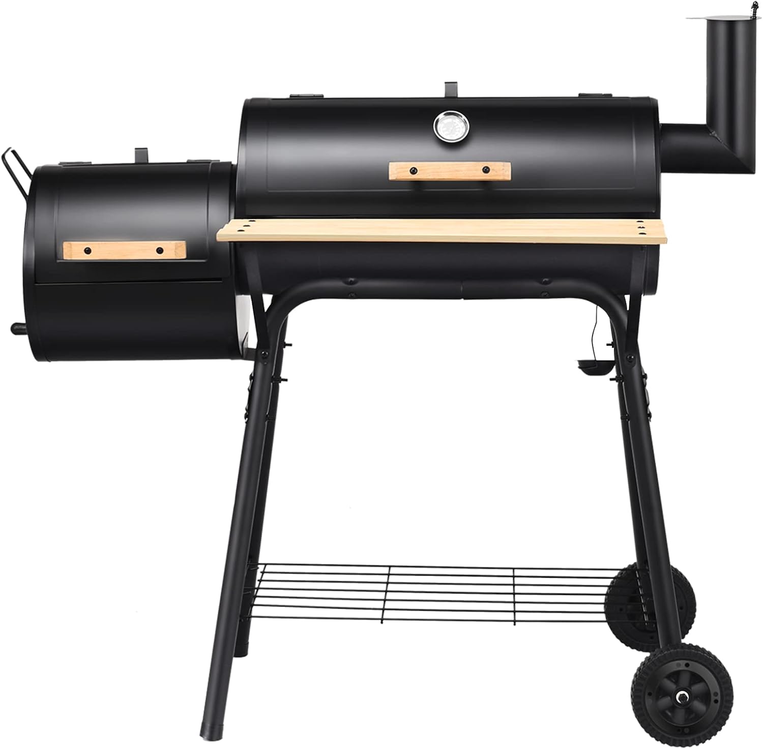 Barbecue a Carbonella in Metallo con Ruote e 2 Fornelli, Carrello per barbecue a carbonella per Esterno con Termometro, 115 x 65 x 108 cm