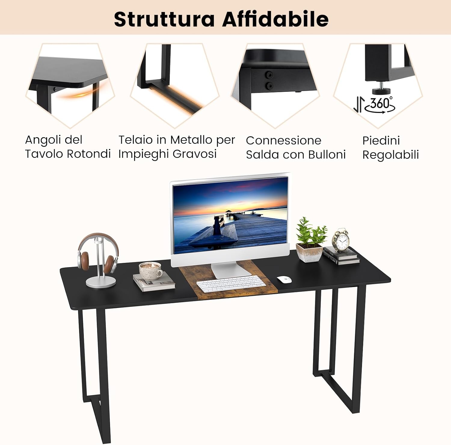 Scrivania per Computer, Scrivania da Ufficio 160 x 60 x 75,5 cm per Studenti e Lavoratori, Tavolo da Conferenza in Metallo Moderno per Studio, Marrone e Nero