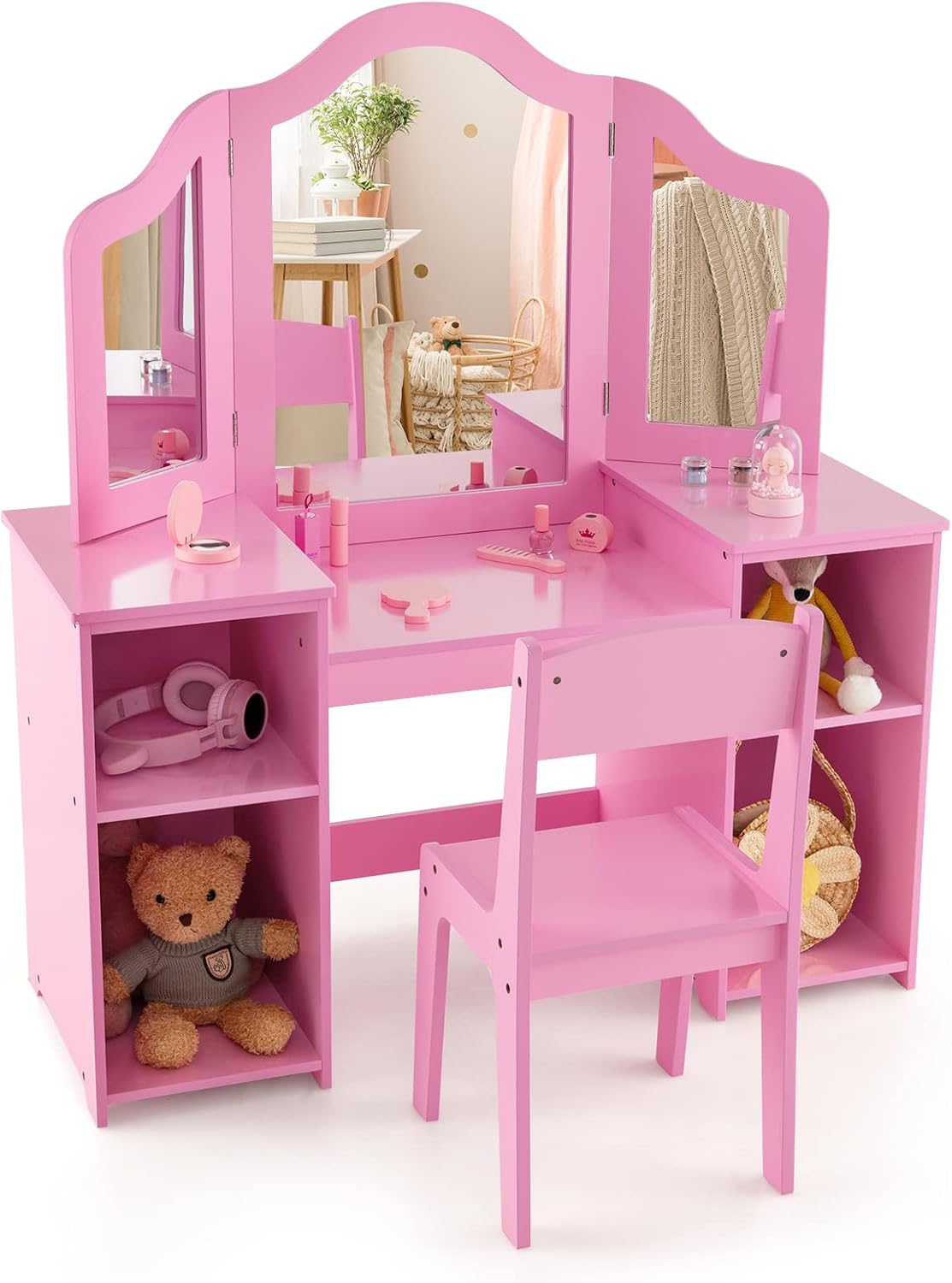 Set Toeletta per Bambini 2 in 1, Set Postazione Trucco in Legno con Sedia, Specchio a 3 Ante Rimovibile e 4 Scomparti, per Bambini 3+ Anni (Rosa)