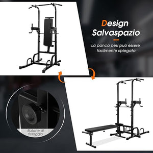 Power Tower Multifunzionale e Regolabile, Sbarra per Trazioni con Panca Pieghevole Regolabile in Altezza, Attrezzatura Fitness per Allenamento Completo del Corpo, Portata 250 kg