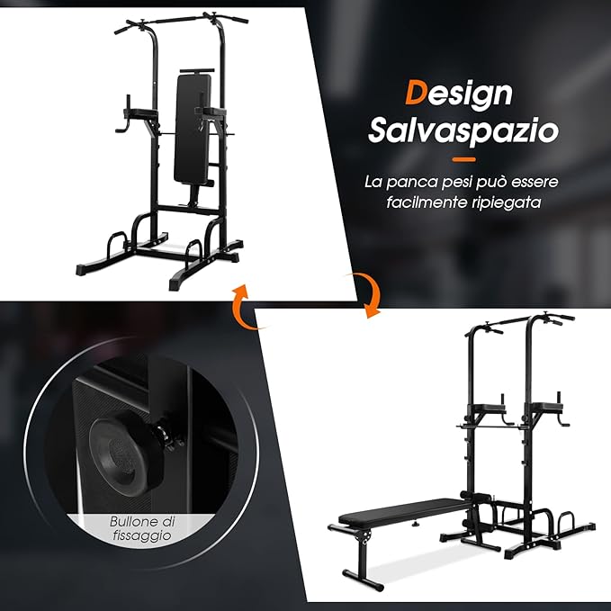 Power Tower Multifunzionale e Regolabile, Sbarra per Trazioni con Panca Pieghevole Regolabile in Altezza, Attrezzatura Fitness per Allenamento Completo del Corpo, Portata 250 kg
