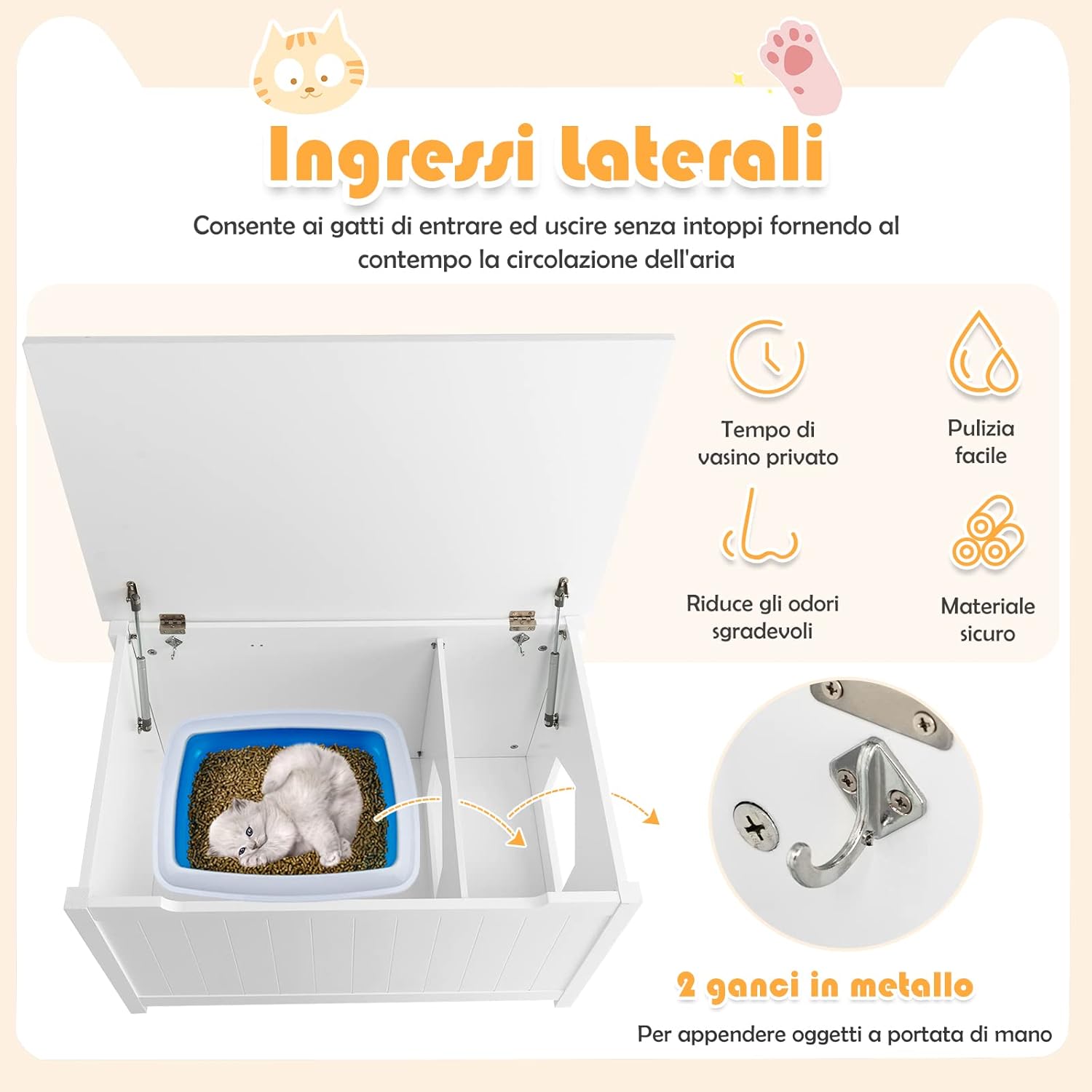 Mobile per Lettiera Gatti, con Apertura Superiore, Divisorio Rimovibile, Asta a Gas e Ganci in Metallo, Mobiletto Multiuso per Ingresso e Soggiorno, 82,5 x 51 x 51 cm, Carico Massimo 50 kg