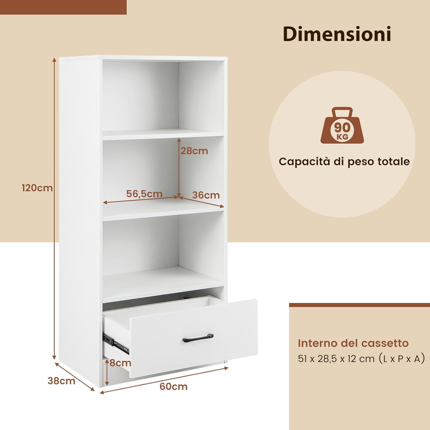 Libreria in Legno con Cassetto, Scaffale di Stoccaggio a 4 Livelli, Scaffale Espositivo per Casa Studio e Soggiorno, 60 x 38 x 120 cm (Bianco)