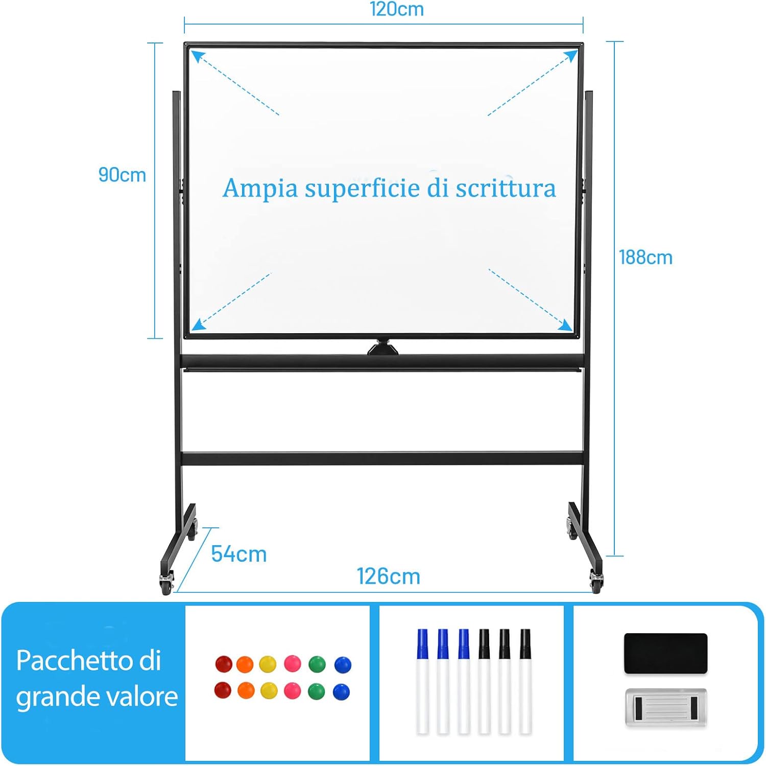 Lavagna Bianca Magnetica Mobile, Lavagna Cancellabile con Altezza Regolabile Girevole a 360°, con 4 Ruote Bloccabili, Doppia Faccia, 90 x 120 cm