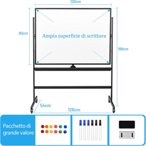 Lavagna Bianca Magnetica Mobile, Lavagna Cancellabile con Altezza Regolabile Girevole a 360°, con 4 Ruote Bloccabili, Doppia Faccia, 90 x 120 cm