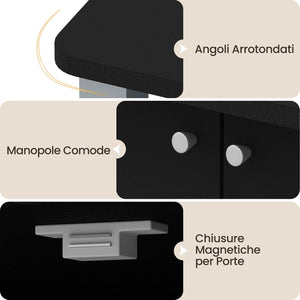 Scaffale da Cucina per Microonde Carrello, con Ruote e 2 Ante, Multifunzionale e Movimento Flessibile, 60x40x98 cm MDF, plastica (Nero)