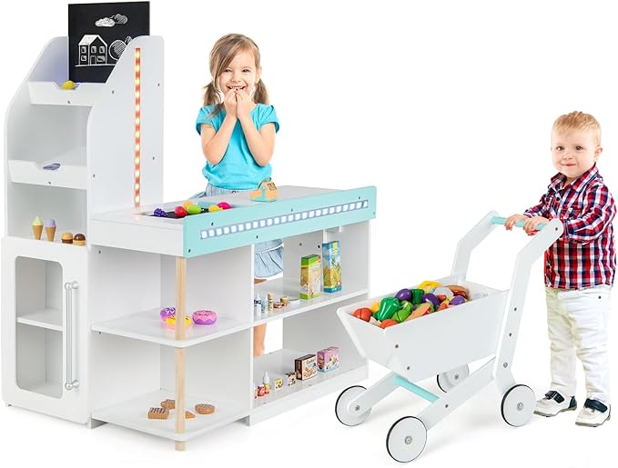 Set da Supermercato in Legno per Bambini, Gioco di Finta Spesa con Registratore di Cassa, Carrello della Spesa, Lavagna, Nastro Trasportatore, Mercato Interattivo con Contenitore e Luci LED