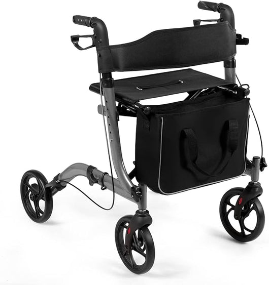 Deambulatore Pieghevole per Anziani Ultraleggero, con Sedile Borsa da Spesa e 4 Ruote Freno a Mano, Rollator Altezza Regolabile, Capacità 136kg, Lega di Alluminio, Nero (Grigio)