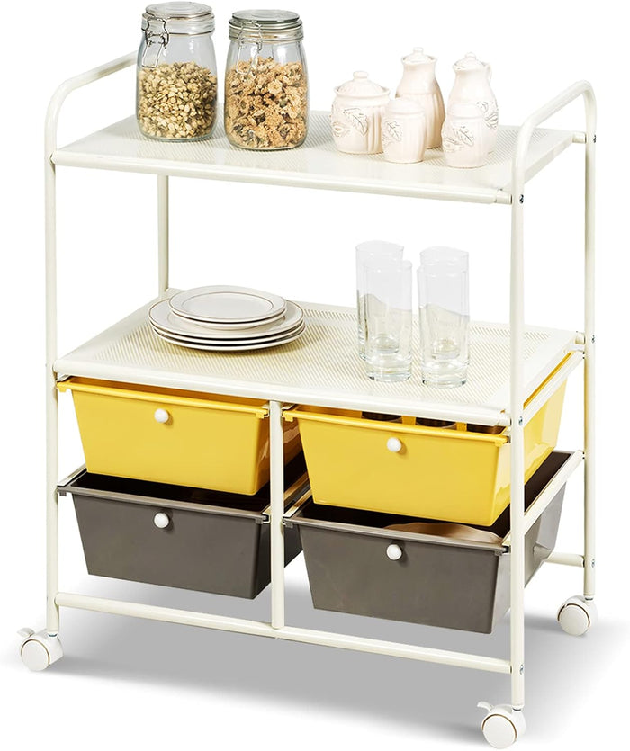 Carrello con 4 Cassetti e 2 Ripiani, Carrello Portaoggetti con Ruote per Cucina Bagno Ufficio, Multiuso, 58,5x37x75 cm (Giallo+Grigio)