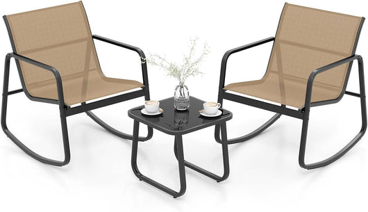 Soggiorno da giardino per 2 persone in tessuto traspirante, tavolo da giardino all'aperto con 2 sedie a dondolo, tavolino da caffè in vetro, gambe regolabili, per balcone (Marrone)