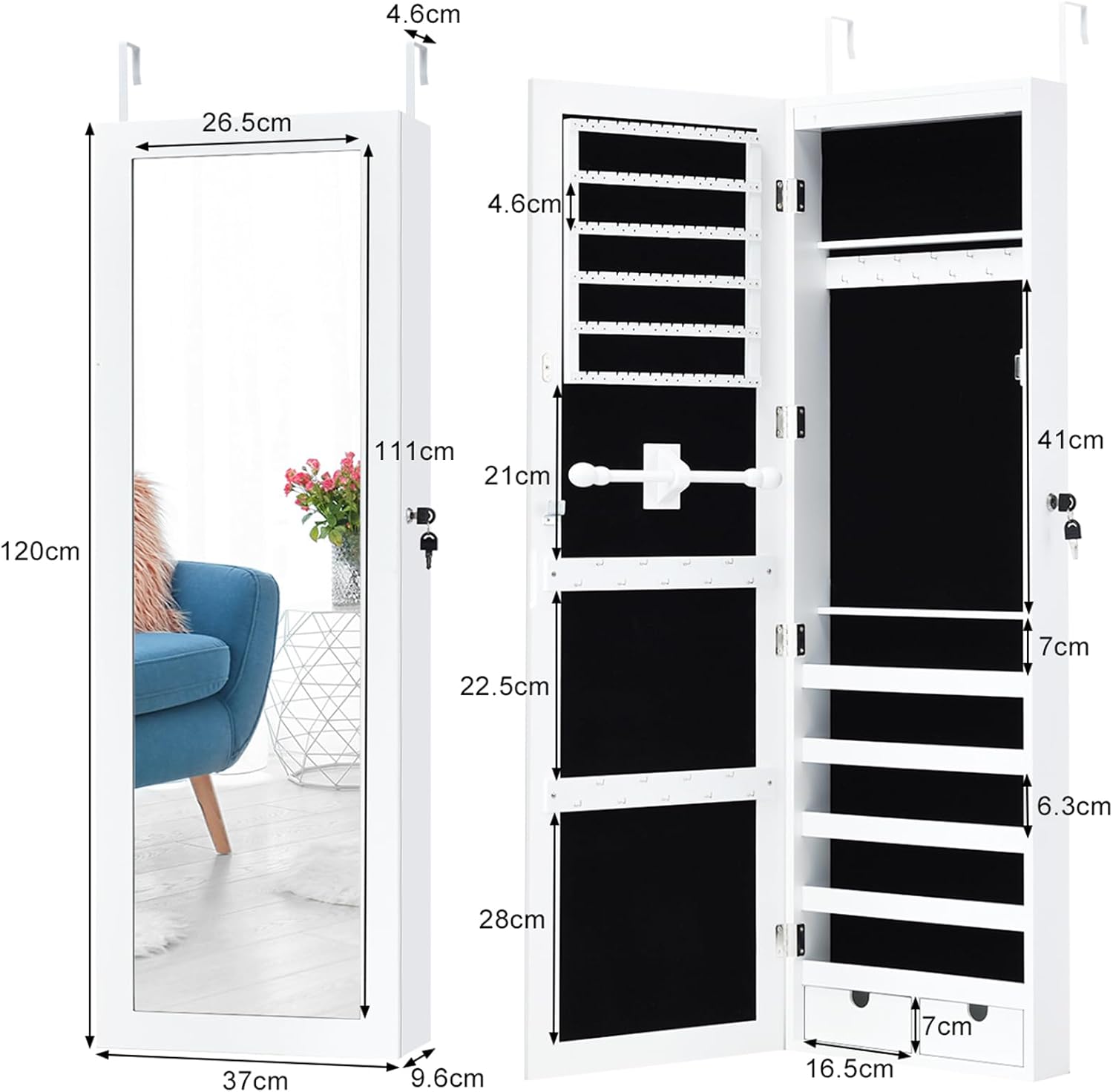 Armadietto Portagioie Specchio per Gioielli con Luci LED, Specchiera da Porta e Muro, per Figura Intera, 120x37x9,6cm