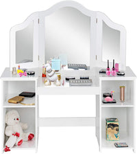 Toeletta per Bambini in Legno, Design Smontabile 2 in 1, Mobile da Trucco Stile Principessa con 4 Mensole e Specchio, Mobile per Il Trucco per Bambine e Ragazze