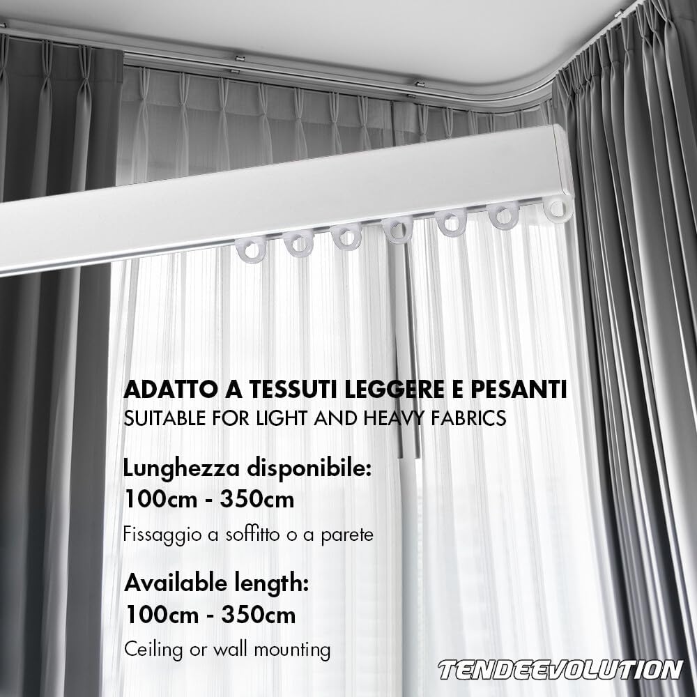 Binario Scorritenda Lineare in Alluminio Bianco da Soffitto, Movimento a Strappo - Bastone per Tenda Retto e Robusto, Lunghezza 260cm
