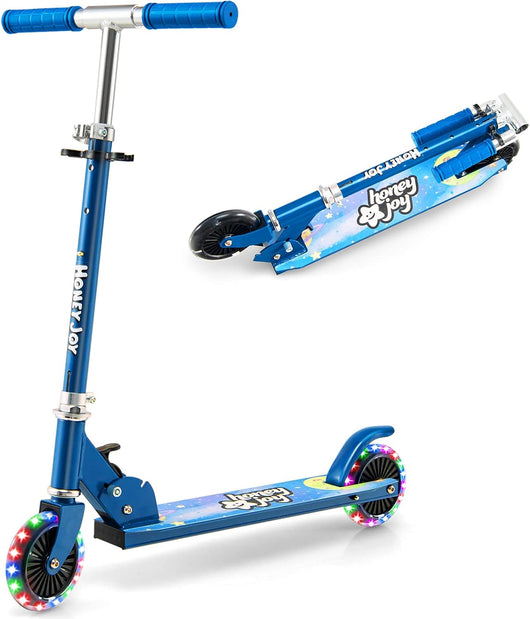 Monopattino Bambini, Monopattino Bambino e Bambina +3 Anni Pieghevole con 2 Ruote Lampeggianti, Manubrio Regolabile e Freno (Blu)