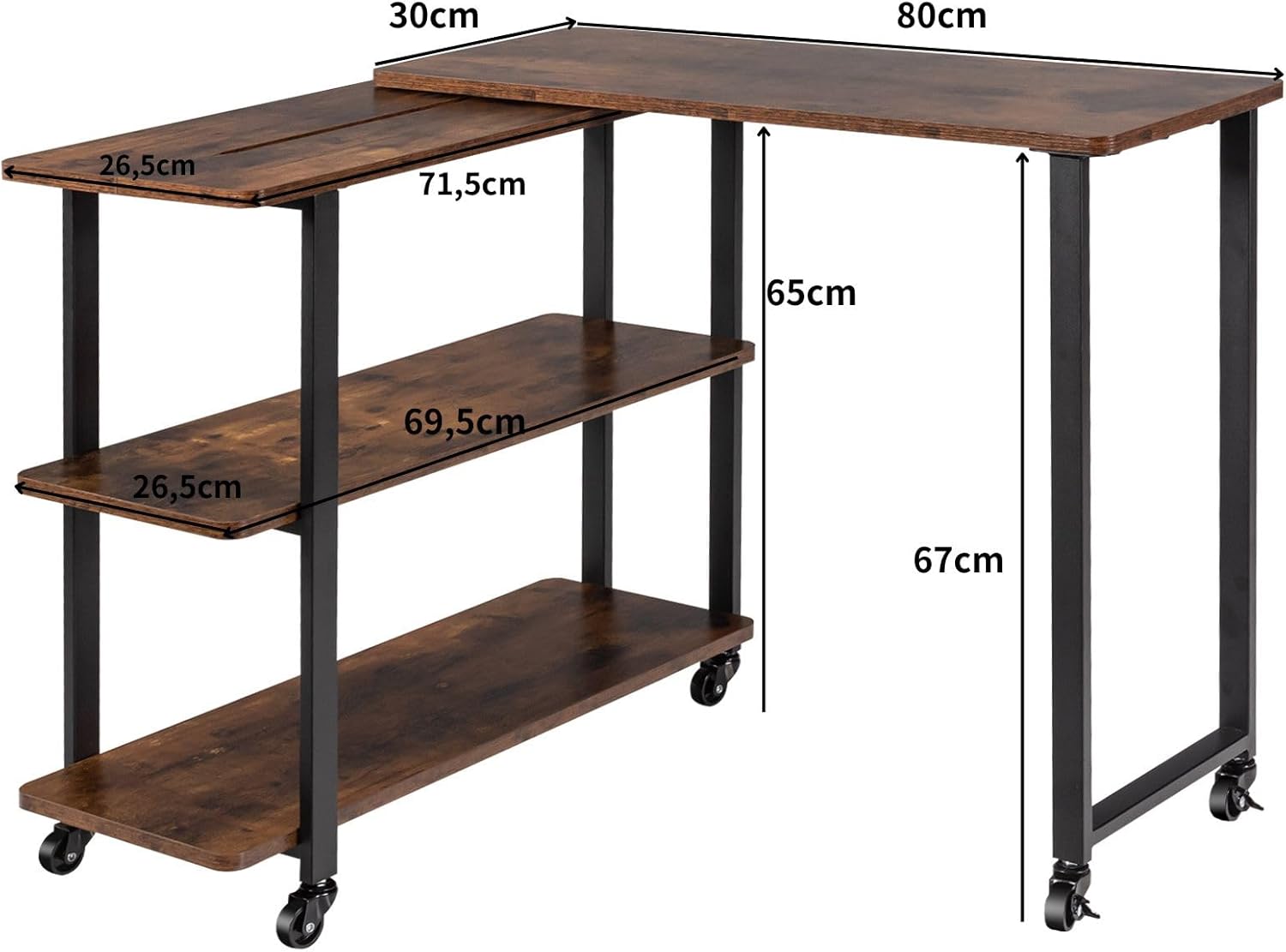 Tavolo Laterale da Divano Grande, Tavolo da Salotto Pieghevole e Girevole a 3 Ripiani con Mensole e Ruote, Tavolo Multiuso in Metallo e Legno da Salotto e Ufficio (Caffè)
