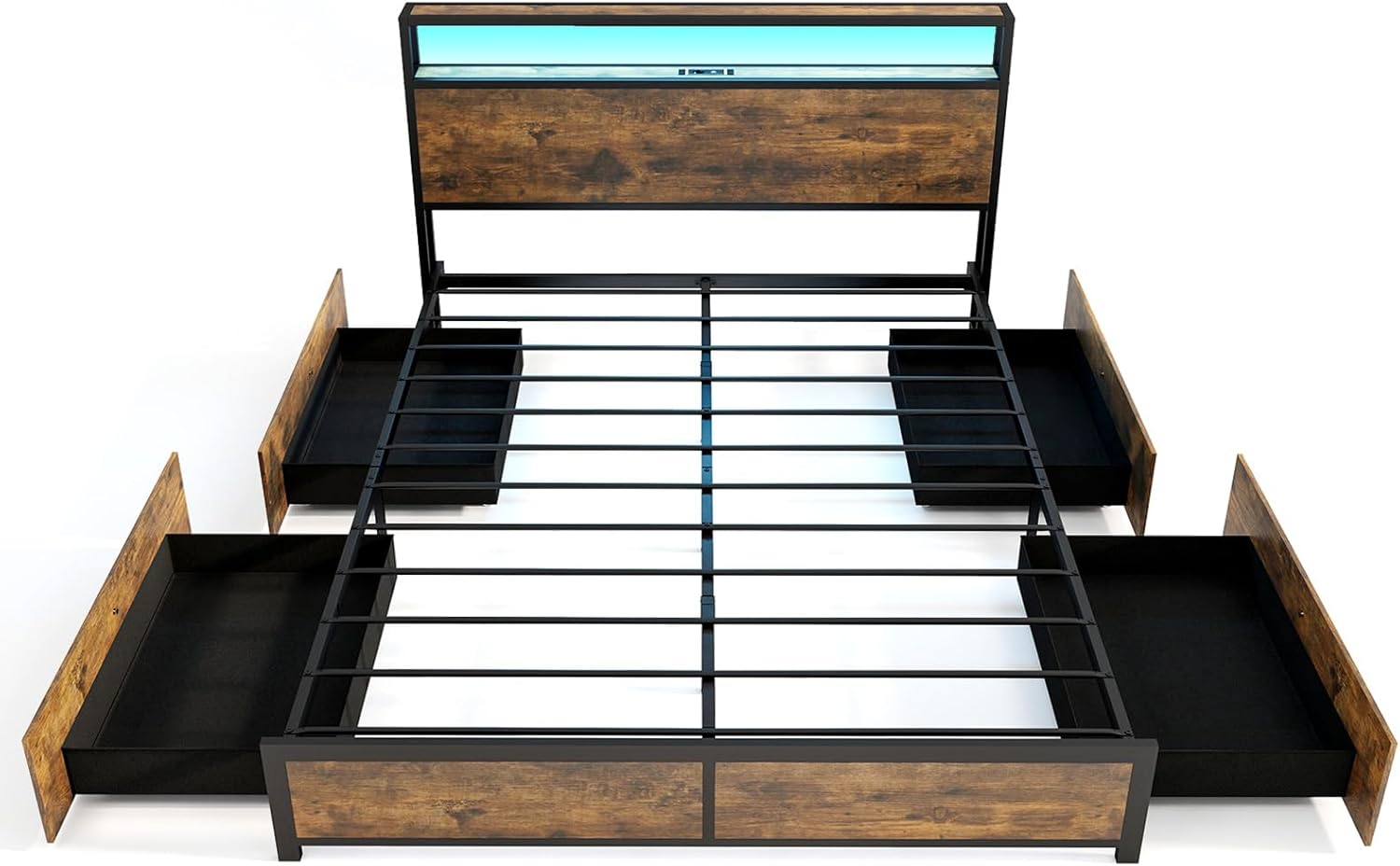 Letto con 4 Cassetti e Testiera, Struttura Letto 200x160 cm con Luci LED Regolabile e Presa Multipla, Carico Massimo 300kg, Silenzioso (200x160 cm)