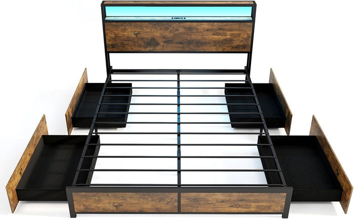 Letto con 4 Cassetti e Testiera, Struttura Letto 200x160 cm con Luci LED Regolabile e Presa Multipla, Carico Massimo 300kg, Silenzioso (200x160 cm)