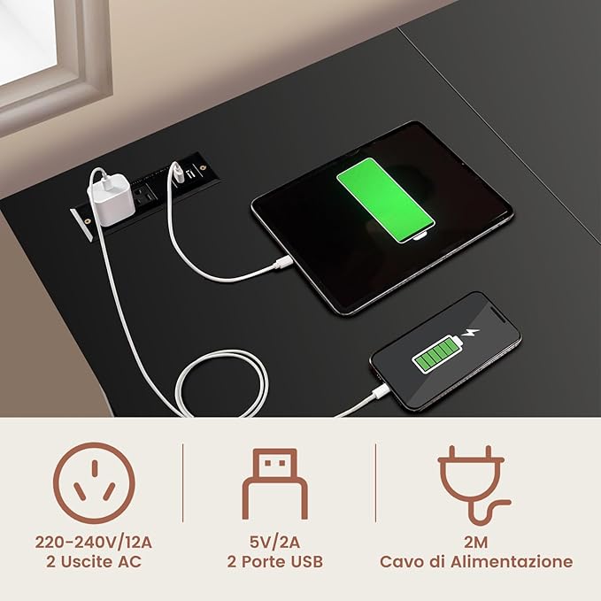 Scrivania Angolare da 120 CM, Scrivania a L per Ufficio a Casa con Prese di Corrente e Porte USB, Postazione di Lavoro con Ripiani per Lavoro, Gaming e Studio (Nero)