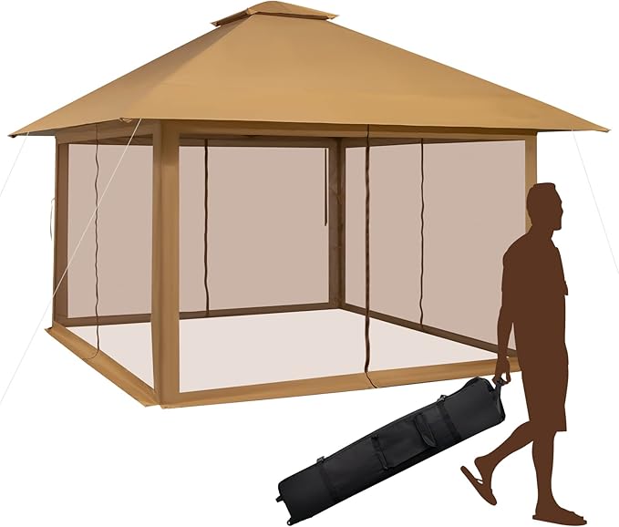 Gazebo Pieghevole da Giardino 4 x 4 m, Altezza Regolabile, Gazebo Pop-up con Zanzariera, Borsa di Trasporto, Doppio Tetto Ventilato e per Giardino Patio e Cortile (Cachi)