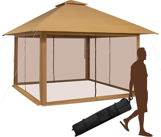 Gazebo Pieghevole da Giardino 4 x 4 m, Altezza Regolabile, Gazebo Pop-up con Zanzariera, Borsa di Trasporto, Doppio Tetto Ventilato e per Giardino Patio e Cortile (Cachi)