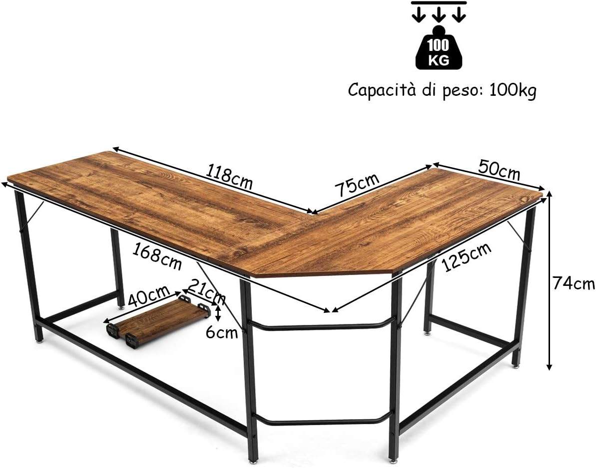 Scrivania Angolare in Legno e Ferro, Scrivania Porta PC con Porta CPU, Scrivania Salvaspazio Ideale per Studio e Ufficio, Portata Massima 100 kg, 168 x 125 x 74 cm Caffè