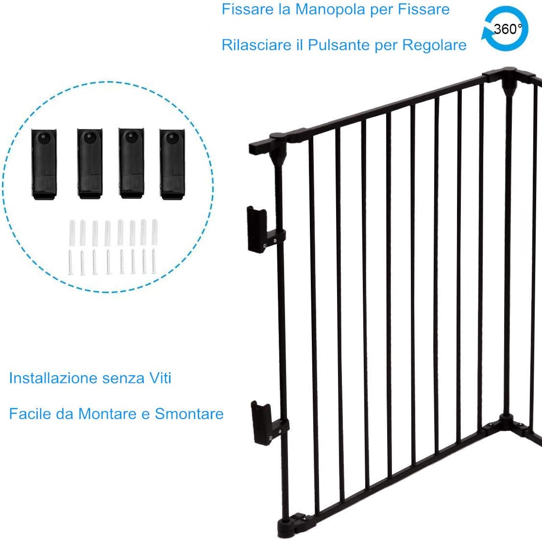 Cancelleto di Sicurezza, Barriera Protettiva per Camino Bambini Animali Domestici Scale, Pieghevole, Inclussa Una Porta e 8 Elementi Laterali, in Ferro, 500x 74,5cm (Nero)