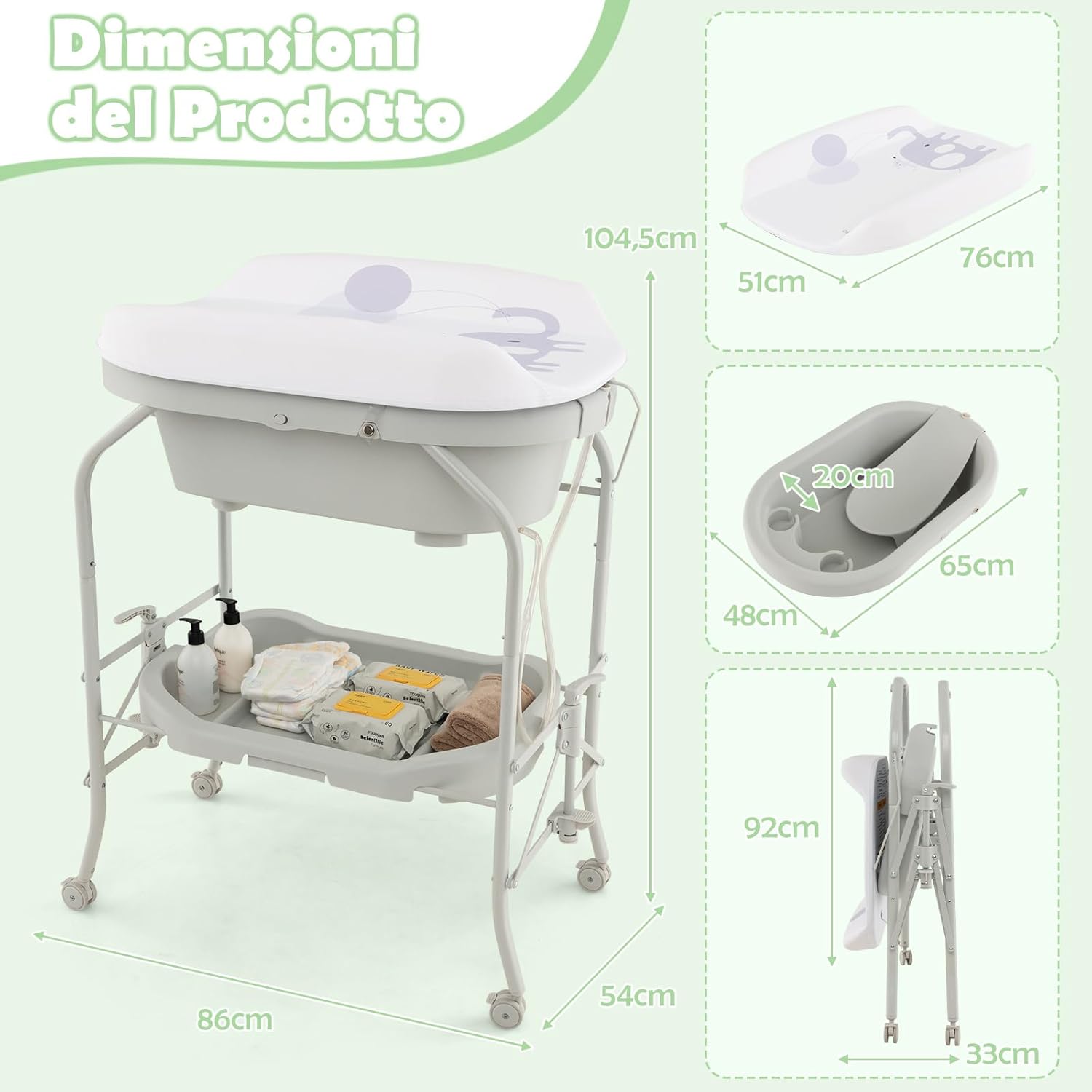 Fasciatoio con Vaschetta da Bagno per Neonati, Fasciatoio Pieghevole Salvaspazio con Materassino in PVC e Ruote, per Bambini 0-12 Mesi, Portata 15kg+35 kg (Grigio Chiaro)