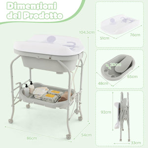 Fasciatoio con Vaschetta da Bagno per Neonati, Fasciatoio Pieghevole Salvaspazio con Materassino in PVC e Ruote, per Bambini 0-12 Mesi, Portata 15kg+35 kg (Grigio Chiaro)