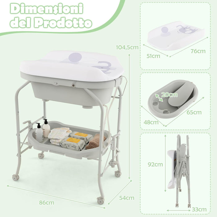 Fasciatoio con Vaschetta da Bagno per Neonati, Fasciatoio Pieghevole Salvaspazio con Materassino in PVC e Ruote, per Bambini 0-12 Mesi, Portata 15kg+35 kg (Grigio Chiaro)