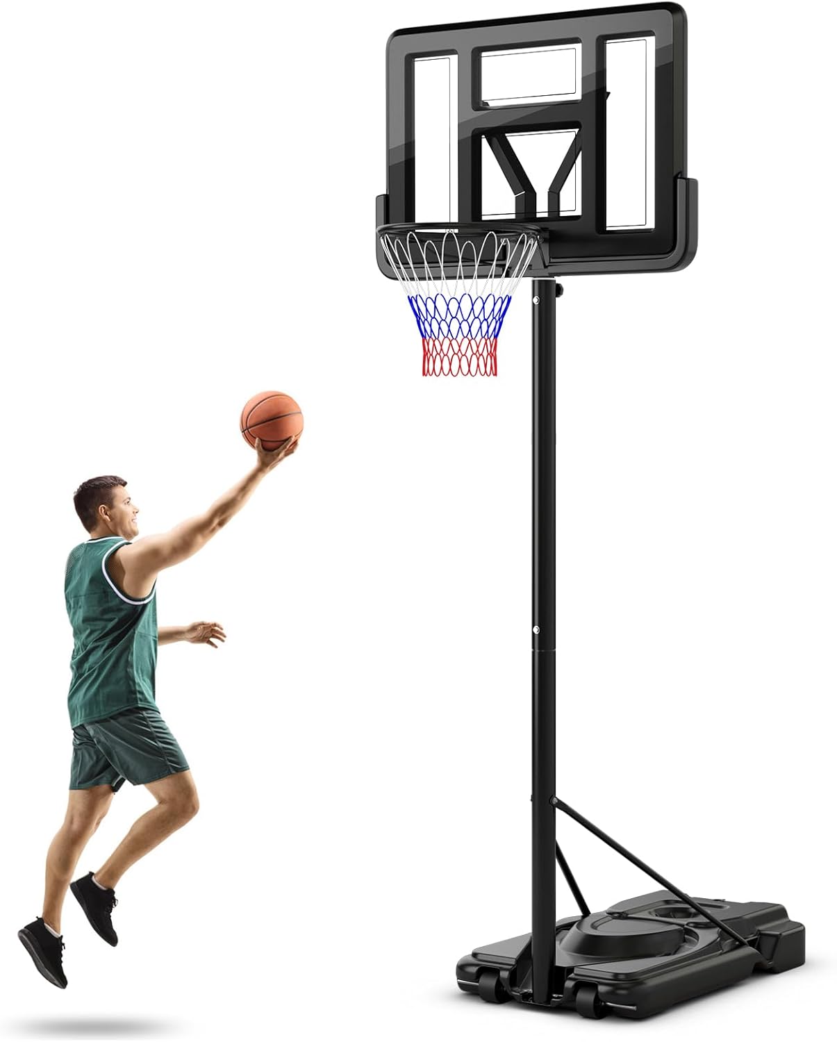 Canestro da Basket da Esterno ed Interno per Adulti, Canestro da Basket Professionale e Regolabile 230-305 cm con Ruote, Tabellone Antiurto da 110 cm e Contenitore per Palloni