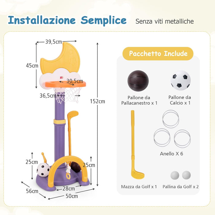 4 in 1 Canestro da Basket per Bambini, Centro di Attività Sportiva Regolabile con Basket Calcio Golf e Gioco del Lancio dell'Anello, per Interno ed Esterno, 3 Anni+ (Giallo)