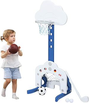 Basket per Bambini Centro attività Multifunzione - Palla Canestro, Calcio e Golf, Mazza da Golf e Palle incluese, per Bambini, Altezza Regolabile (Nuvola Bianca)