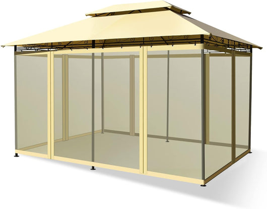 Gazebo da Giardino 3,9 x 2,9 M, Gazebo da Esterno con rete rimovibile e doppi tetti, struttura in acciaio, ideale per Feste, Barbecue, Giardino (beige)