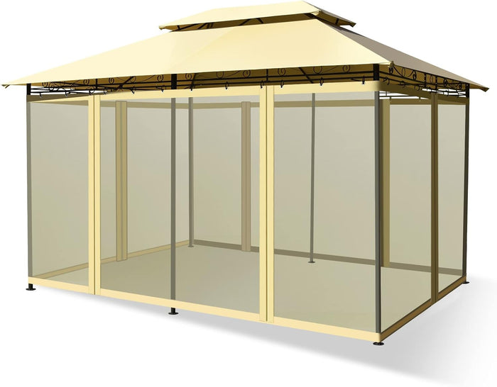 Gazebo da Giardino 3,9 x 2,9 M, Gazebo da Esterno con rete rimovibile e doppi tetti, struttura in acciaio, ideale per Feste, Barbecue, Giardino (beige)