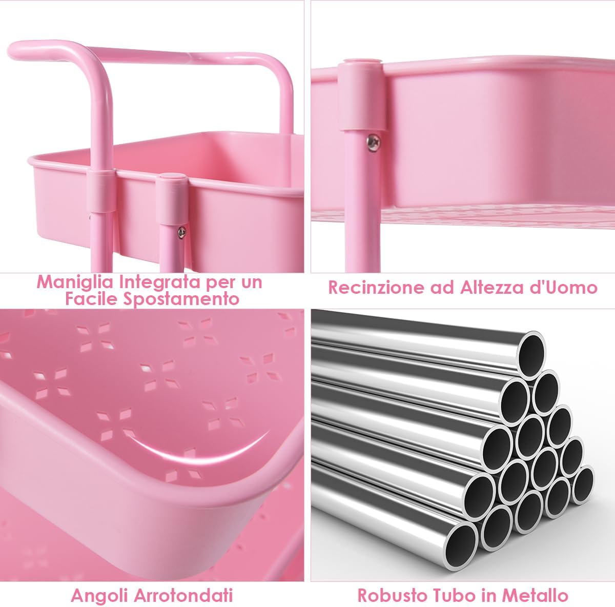 Carrello con 3 Cesti e Maniglia, Carrello Multifunzione con Ruote, Carrellino di Stoccaggio per Bagno Cucina e Ufficio, 87 x 35 x 42 cm (Rosa)
