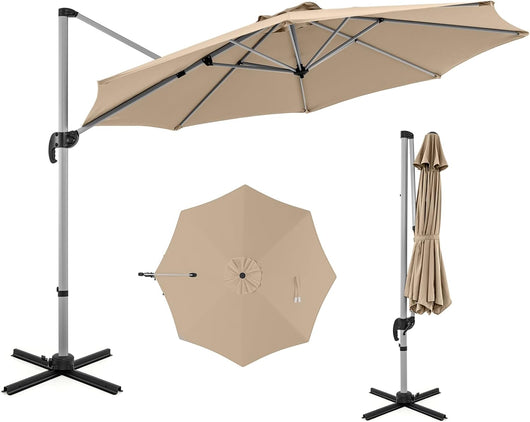 Ombrellone da Giardino 339 cm, Ombrello da Giardino Rotondo con Rotazione a 360°, Ombrellone da Giardino Inclinabile con Base, Ombrello da Sole per Giardino, Patio (Beige)