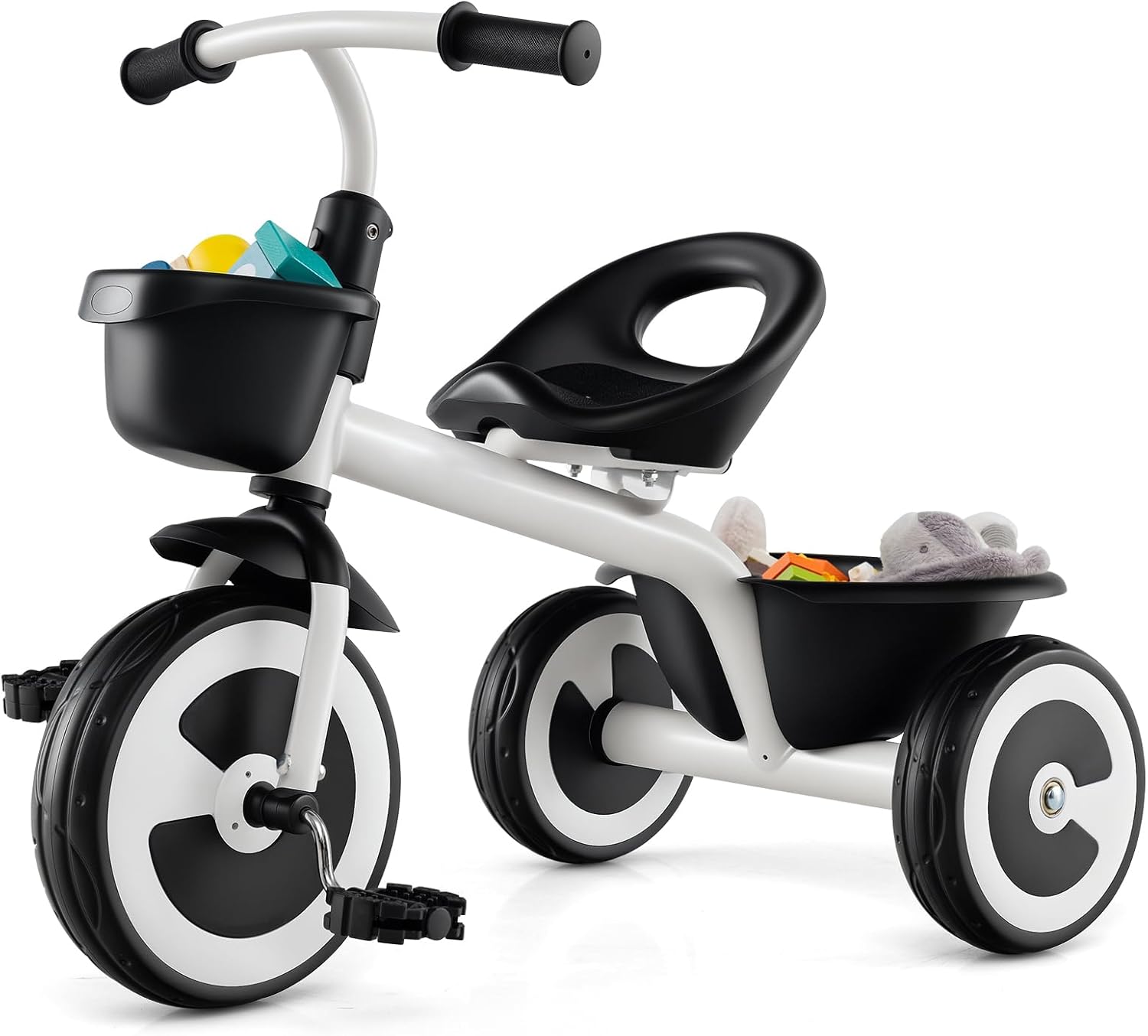 Triciclo per Bambini, Trike con Sede Regolabile Cestini Anteriori e Posteriori, Bicicletta a 3 Ruote con Telaio in Ferro Carbonioso di Alta Resistenza, per Bambini 1,5-5 Anni (Bianco)