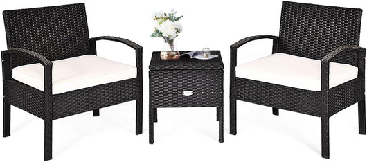 Set di mobili da esterno 3 pezzi, poltrone da giardino in rattan PE e tavolino da caffè, resistenti, con cuscini morbidi rimovibili, per giardino, terrazza, bistrot